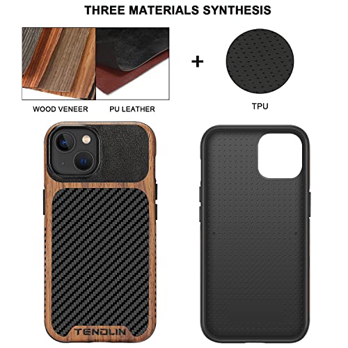 TENDLIN Compatible with iPhone 14 Case Wood Grain with Carbon Fiber Texture Design Leather Hybrid Slim Case Black