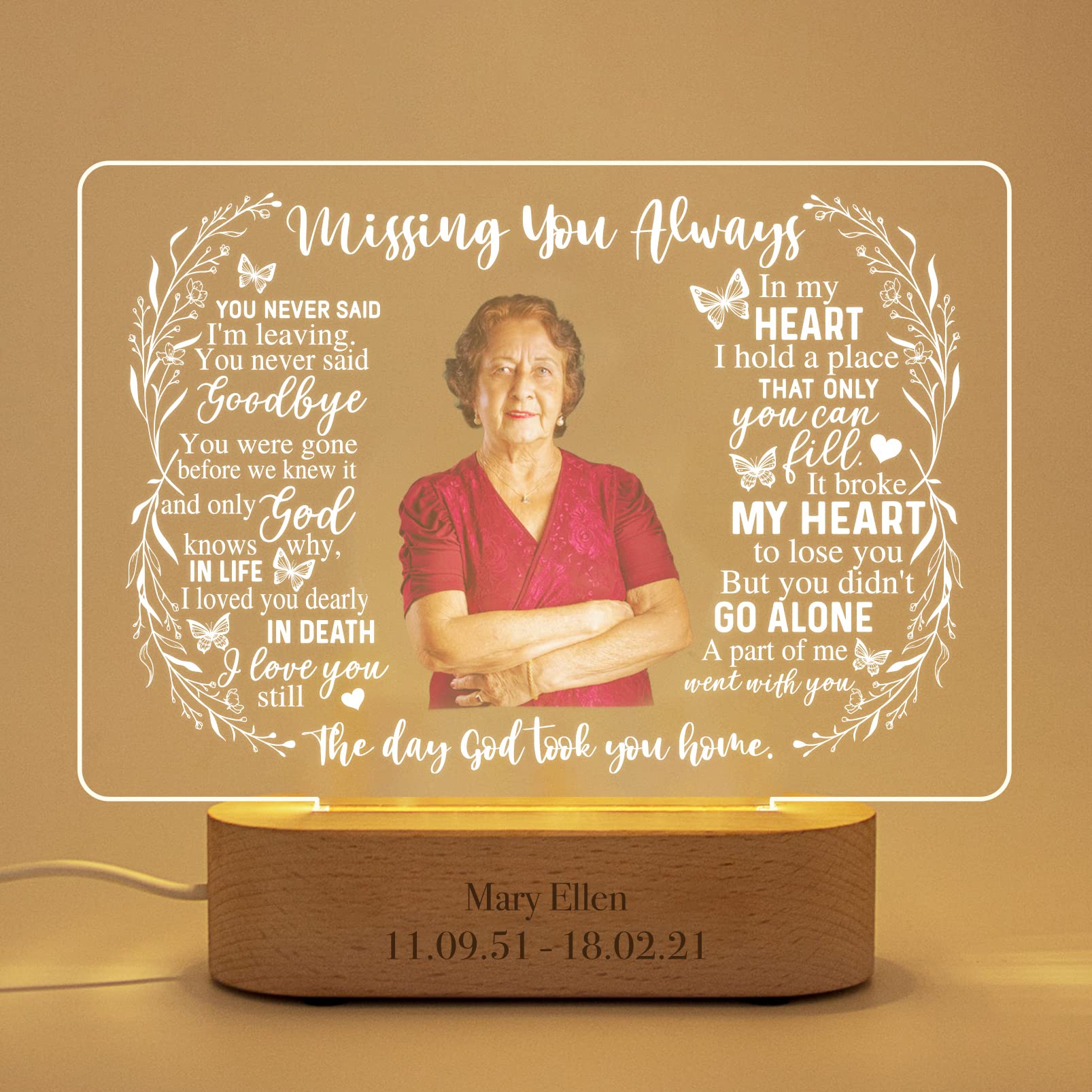 Magic Lunar Personalized Unique Sympathy Gifts For Loss Of Mom Custom In Memory of Loved One Light Up Picture Frames with Photo and Text Memorial Plaque Night Light Lamp