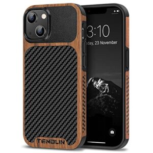 tendlin compatible with iphone 14 plus case wood grain with carbon fiber texture design leather hybrid slim case black