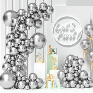 zopibaico silver metallic chrome latex balloon garland kit, 101pcs 18in 12in 10in 5in arch garland for baby shower,picnic,wedding, anniversary celebration decoration with 33ft ribbon