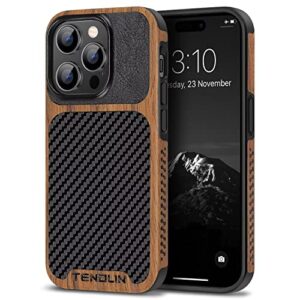 TENDLIN Compatible with iPhone 14 Pro Case Wood Grain with Carbon Fiber Texture Design Leather Hybrid Slim Case Black