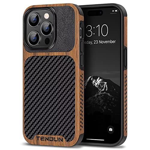 TENDLIN Compatible with iPhone 14 Pro Case Wood Grain with Carbon Fiber Texture Design Leather Hybrid Slim Case Black