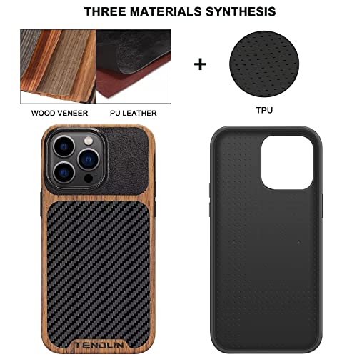 TENDLIN Compatible with iPhone 14 Pro Case Wood Grain with Carbon Fiber Texture Design Leather Hybrid Slim Case Black