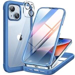 miracase glass series designed for iphone 14 phone case 6.1 inch, 2023 upgrade full-body clear bumper case with built-in 9h tempered glass screen protector and camera lens protector,blue