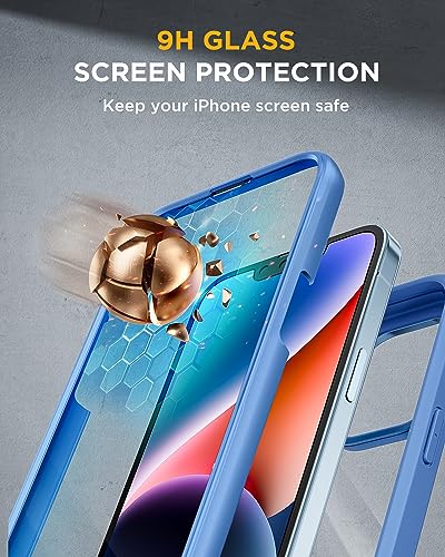 Miracase Glass Series Designed for iPhone 14 Phone Case 6.1 inch, 2023 Upgrade Full-Body Clear Bumper Case with Built-in 9H Tempered Glass Screen Protector and Camera Lens Protector,Blue