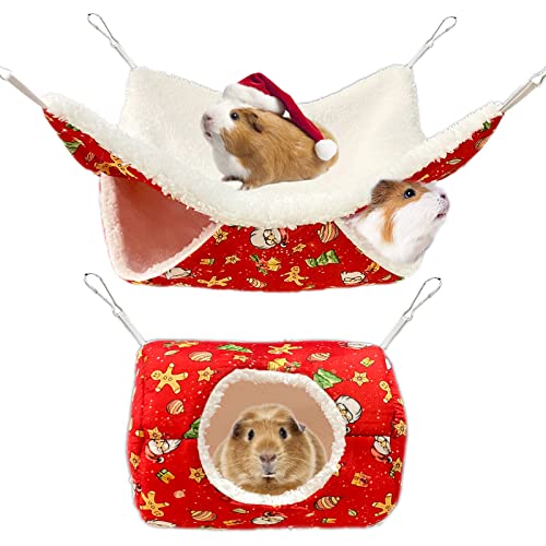 Jevnd 2Pcs Christmas Guinea Pig Rat Hammock, Sugar Glider Cage Accessories, Double-Layer Small Animals Cage Hanging Bed, Warm Sleeping Nest Bed for Syrian Hamster Gerbil Rat Mouse Sugar Glider