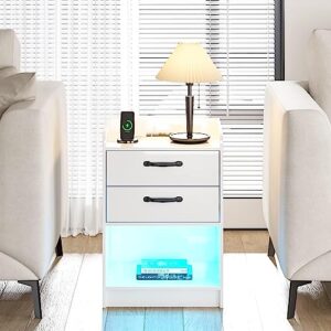 White Nightstand Set of 2 with Charging Station and LED Lights, Modern End Side Table with 2 Drawers and Open Storage for Living Room, Night Stands for Bedrooms Set of 2 White