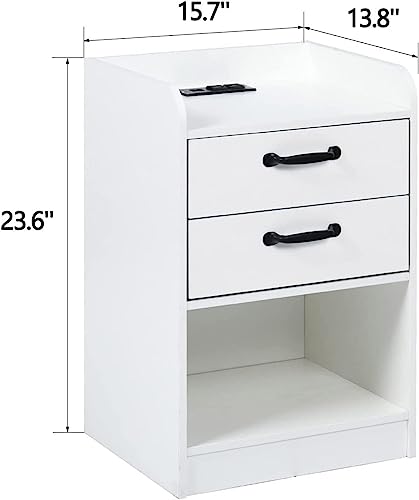 White Nightstand Set of 2 with Charging Station and LED Lights, Modern End Side Table with 2 Drawers and Open Storage for Living Room, Night Stands for Bedrooms Set of 2 White