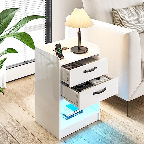 White Nightstand Set of 2 with Charging Station and LED Lights, Modern End Side Table with 2 Drawers and Open Storage for Living Room, Night Stands for Bedrooms Set of 2 White