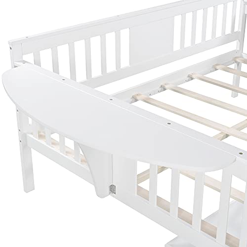 DNYN Full Size Daybed with Two Storage Drawers & Half-Moon Desk Design,Solid Pinewood Bedframe w/Safety Guardrails,Perfect for Dorm,Bedroom,Guest Room,Space-Saving,No Box Spring Needed, White