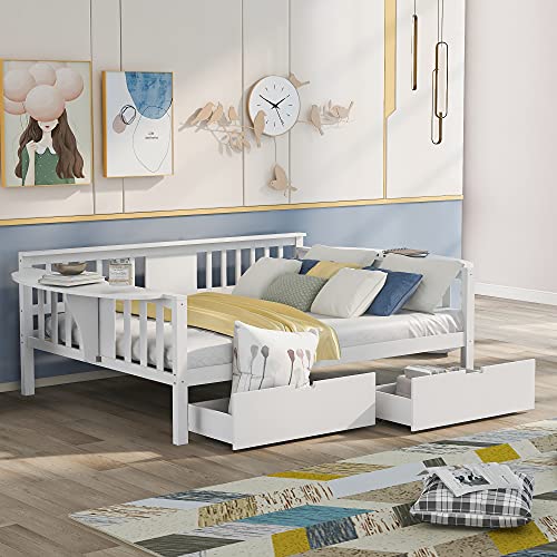 DNYN Full Size Daybed with Two Storage Drawers & Half-Moon Desk Design,Solid Pinewood Bedframe w/Safety Guardrails,Perfect for Dorm,Bedroom,Guest Room,Space-Saving,No Box Spring Needed, White