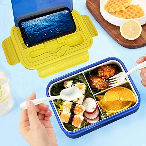 Rzmyencg Bento Lunch Box for Kids with Cutlery 1400ml Adult Bento Lunch Box Durable 3 Compartment Lunch Box for Kids, Suitable for School, Work Meals, BPA-Free Leak-Proof Bento Box (Blue)