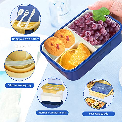 Rzmyencg Bento Lunch Box for Kids with Cutlery 1400ml Adult Bento Lunch Box Durable 3 Compartment Lunch Box for Kids, Suitable for School, Work Meals, BPA-Free Leak-Proof Bento Box (Blue)