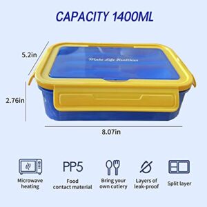 Rzmyencg Bento Lunch Box for Kids with Cutlery 1400ml Adult Bento Lunch Box Durable 3 Compartment Lunch Box for Kids, Suitable for School, Work Meals, BPA-Free Leak-Proof Bento Box (Blue)