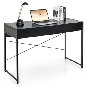 tangkula computer desk with 2 drawers, 44" study writing table w/heavy-duty steel frame & reinforced structure, pc desk with storage for home office (black)