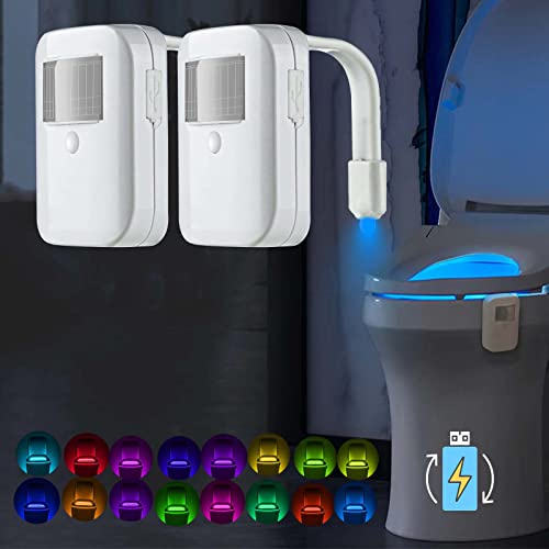 Aomofun Toilet Night Light[2 Pack] with Motion Sensor Activated LED, Rechargeable & 16 Color Changing Fun Inside Glow Bowl - Perfect Bathroom Gadget and Unique Stocking Stuffer for Dad, Men, Kids