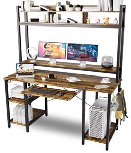 computer desk with hutch bookshelves, storage shelves, keyboard tray, home office study work desk 53 inch width, 70 inch high