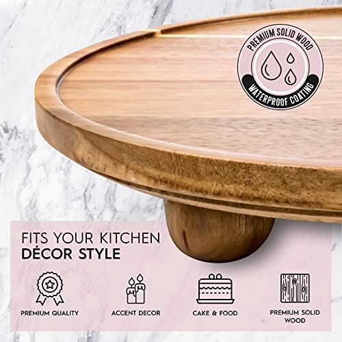 DAILY RITMO Acacia Round Tray Riser | Wooden Farmhouse Pedestal Stand for Decor & Display | Natural Wood Footed Rustic Circle Cake Stand 11 inches