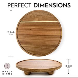 DAILY RITMO Acacia Round Tray Riser | Wooden Farmhouse Pedestal Stand for Decor & Display | Natural Wood Footed Rustic Circle Cake Stand 11 inches