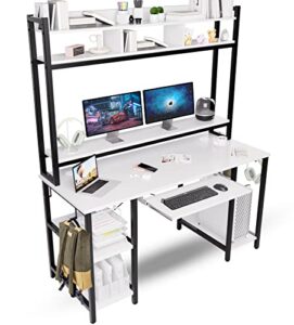 computer desk with hutch bookshelves, storage shelves, keyboard tray, home office study work desk 53 inch width, 70 inch high