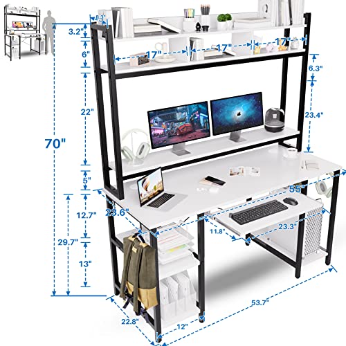 Computer Desk with Hutch Bookshelves, Storage Shelves, Keyboard Tray, Home Office Study Work Desk 53 inch Width, 70 inch High