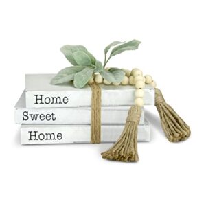 tenxvi designs decorative white books, set of 3 - home sweet home stacked books - rustic farmhouse accent decor, entryway shelf, mantel and bedroom night stands with bead/flower bundle