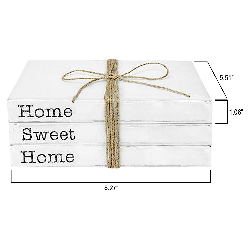 TenXVI Designs Decorative White Books, Set of 3 - Home Sweet Home Stacked Books - Rustic Farmhouse Accent Decor, Entryway Shelf, Mantel and Bedroom Night Stands with Bead/Flower Bundle