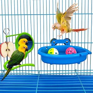 Upgraded Bird Bath for Cage Hanging Bird Bath Tub with Bell Hanging Mirror Parrots Bathing Tub Bird Feeder Bowl Bird Shower Bathing Birdcage Accessories Budgie Toys for Small Birds Canary Lovebirds