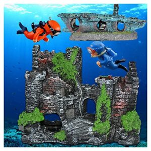 there is no brand fish tank decorations ancient castle resin ornaments buy 1 get 3 gift decorations（sunken ship+2diver figurine） accessories, eco-friendly for aquarium, mixed