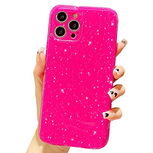 OWLSTAR Cute Glitter Phone Case for iPhone 12 Pro Max 6.7 inch, Sparkly Bling Silicone Slim Bumper Shockproof Protective Cover for Women Girls (Hot Pink)