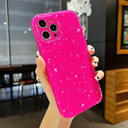 OWLSTAR Cute Glitter Phone Case for iPhone 12 Pro Max 6.7 inch, Sparkly Bling Silicone Slim Bumper Shockproof Protective Cover for Women Girls (Hot Pink)