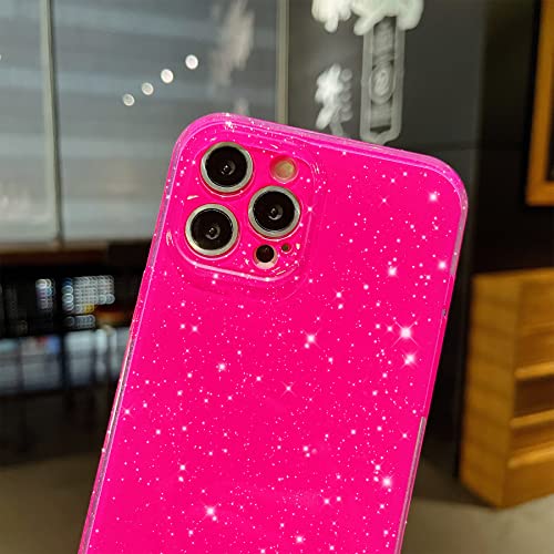 OWLSTAR Cute Glitter Phone Case for iPhone 12 Pro Max 6.7 inch, Sparkly Bling Silicone Slim Bumper Shockproof Protective Cover for Women Girls (Hot Pink)