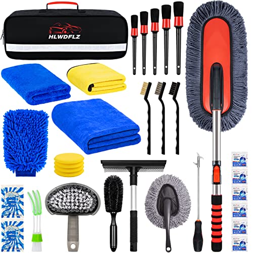 HLWDFLZ 32Pcs Car Wash Cleaning Kit with Car Duster Brush - Car Detailing Kit, Car Duster Exterior Scratch Free with Long Secure Extendable Handle, Detailing Brush Set, Tire Brush, Wash Mitt