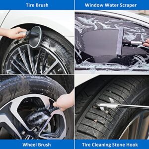 HLWDFLZ 32Pcs Car Wash Cleaning Kit with Car Duster Brush - Car Detailing Kit, Car Duster Exterior Scratch Free with Long Secure Extendable Handle, Detailing Brush Set, Tire Brush, Wash Mitt