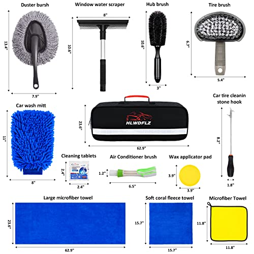 HLWDFLZ 32Pcs Car Wash Cleaning Kit with Car Duster Brush - Car Detailing Kit, Car Duster Exterior Scratch Free with Long Secure Extendable Handle, Detailing Brush Set, Tire Brush, Wash Mitt