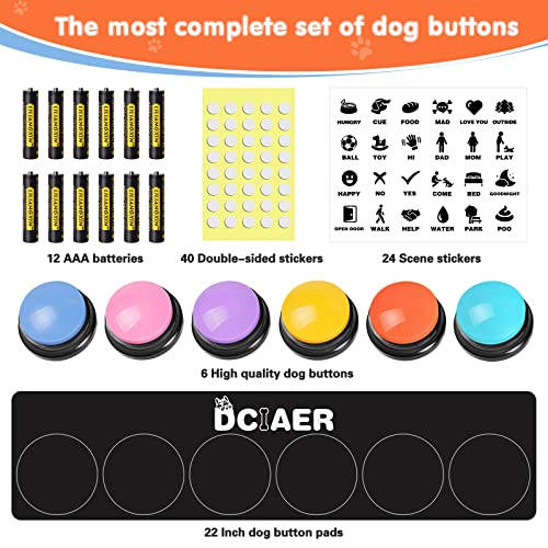 DCIAER Dog Buttons for Communication,Talking Buttons for Dogs,6 Recordable Sound Buttons + 24 Scene Patterns + 1 Dog Button Mat+ 12 AAA Batteries，30 Seconds Dog Buttons for Pet Sound Training Toy