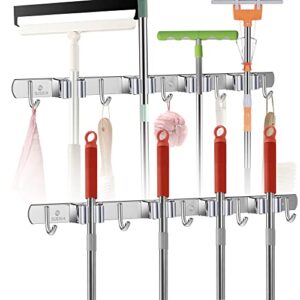 2 pack mop and broom holder wall mount, broom and mop organizer wall hanging, stainless steel broom hanger, heavy duty mop holder for home, kitchen, laundry room, garage (4 racks 5 hooks, silver)