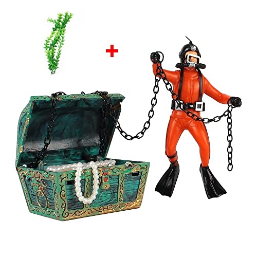 1Pc Treasure Chest Diver Orange Fish Tank Decorations Action Figure Treasure Hunter Aquarium Fish Tank Ornament Decoration Accessories Fake Water Grass by BonitaTShop