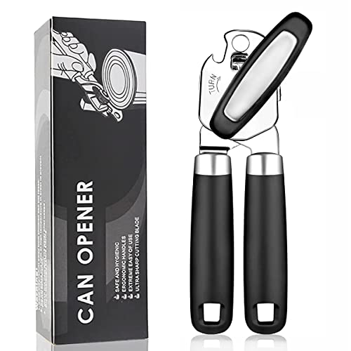 Geolinca Manual Handheld Strong Can Opener, Sharp Cutting Wheel for Smooth Edge Cut, Comfortable Soft Handle, Easy to Use Turn Knob, Includes Built in Bottle Opener, Black