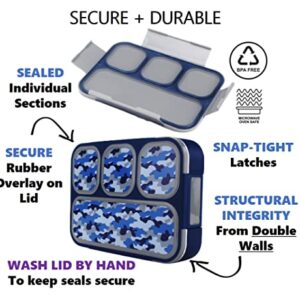 Bundle of Camo Lunch-Box for Boys 4 Compartments (Blue Camouflage) + Camo Lunch Box for Boys Kids Men with Ice Pack (Blue Black Camouflage)