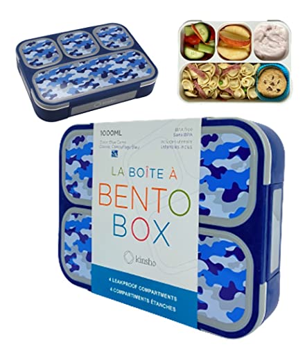 Bundle of Camo Lunch-Box for Boys 4 Compartments (Blue Camouflage) + Camo Lunch Box for Boys Kids Men with Ice Pack (Blue Black Camouflage)