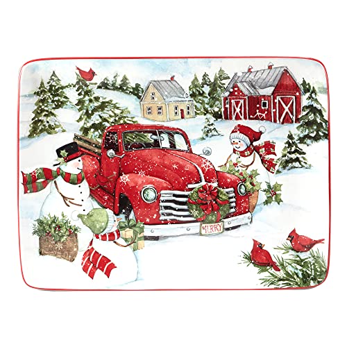 Certified International Red Truck Snowman Rectangular Platter, 16" X 12"