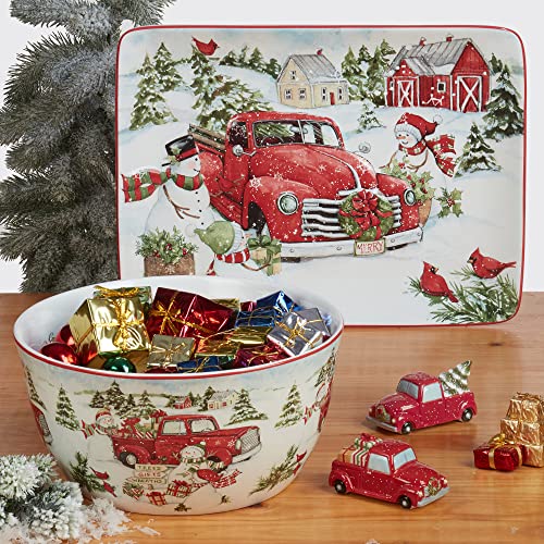 Certified International Red Truck Snowman Rectangular Platter, 16" X 12"