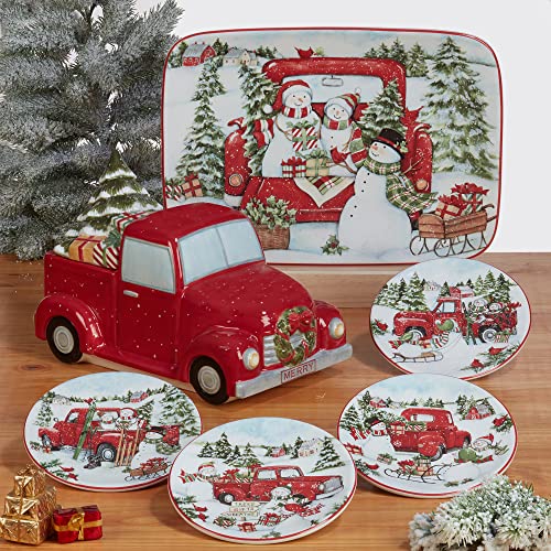 Certified International Red Truck Snowman Rectangular Platter, 16" X 12"