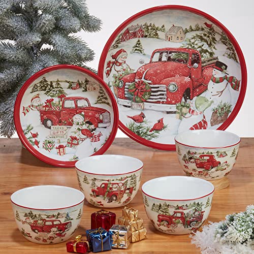 Certified International Red Truck Snowman Rectangular Platter, 16" X 12"