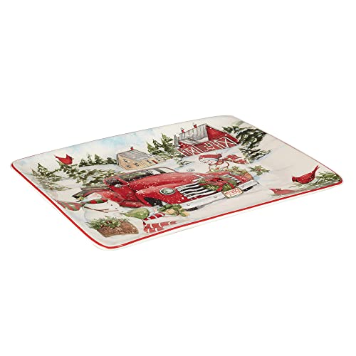 Certified International Red Truck Snowman Rectangular Platter, 16" X 12"