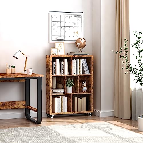 FUSUNBAO 7-Cube Style Bookshelf with Wheels Frame Industrial Style Book Storage Organizer Bookcase Floor Standing Fixed Shelves，Display Shelves Cabinet for Living Room/Bedroom/Office