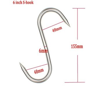 JY-MARINE Meat Hooks Stainless Steel S Hooks Metal Hangers Hanging Hooks for Kitchen, Work Shop, Bathroom, Garden (6 inch)