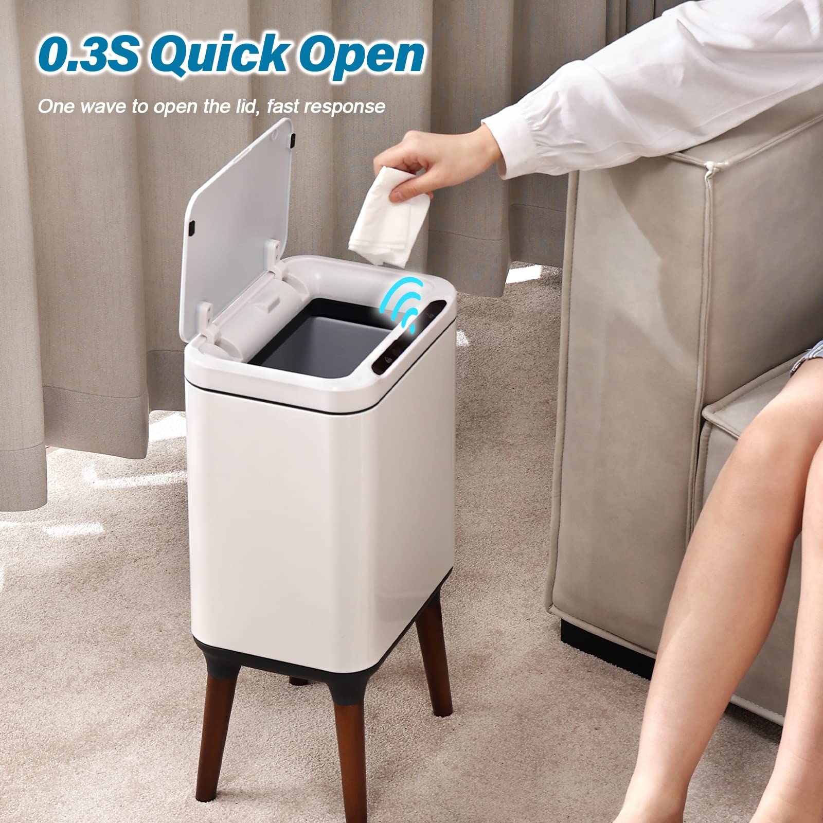 ELPHECO Stainless Steel Trash Can with Lid 2.5 Gallon Motion Sensor Trash Can with Wooden Legs, 9.5 Liter Automatic Metal Garbage Can for Office, Dog Proof Trash Bin for Bathroom, Bedroom