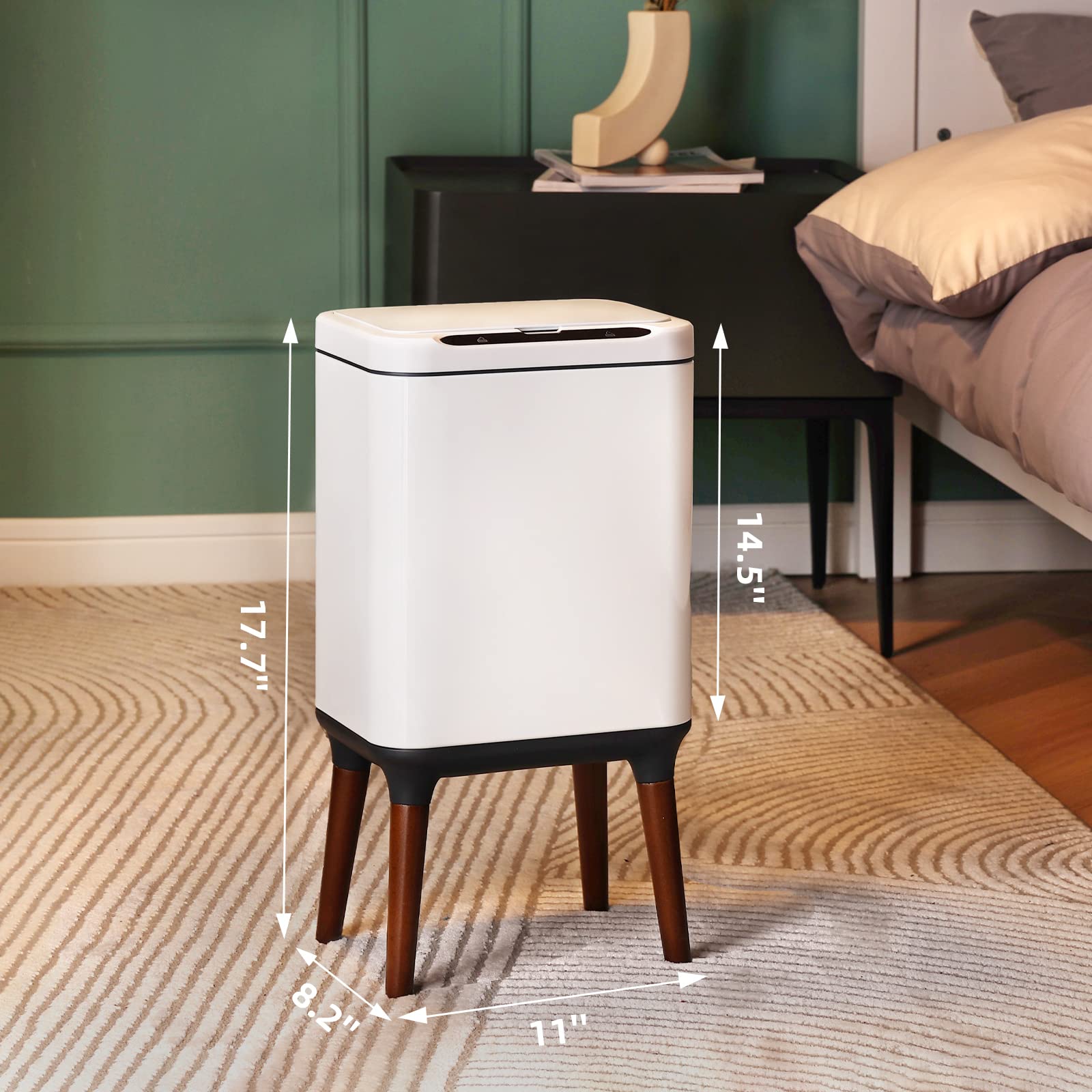 ELPHECO Stainless Steel Trash Can with Lid 2.5 Gallon Motion Sensor Trash Can with Wooden Legs, 9.5 Liter Automatic Metal Garbage Can for Office, Dog Proof Trash Bin for Bathroom, Bedroom